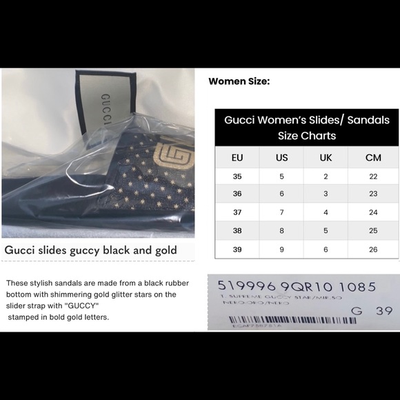GUCCI “GUCCY” SUPREME CANVAS BLACK WITH SHIMMERING GOLD GLITTER STARS SLIDES - Picture 10 of 16